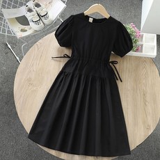 해피유통 14세 이상 어린이 여름 반팔 허리선 원피스 심플한 퍼프 디자인 XG08