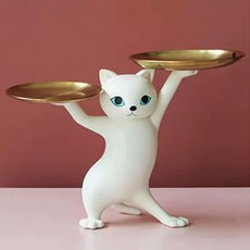 춤추는 고양이 트레이 차키 악세사리 보관함 인테리어 소품, 화이트