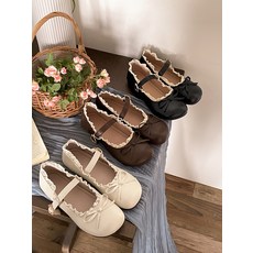 둥근앞코 복고풍 가죽신발 여성 부드러운밑창 메리제인 단화 여성플랫슈즈 여름플랫 프릴포인트