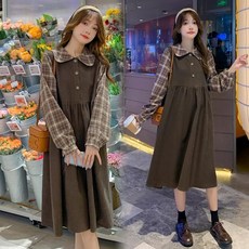 임산부 원피스 봄 가을 캐주얼 긴팔 임부 원피스 기질 빈티지 페이크 투피스 임부 원피스 CY