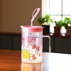 빨대 유리컵 700ml 인디핑크 캐릭터물컵 유치원생 커피컵