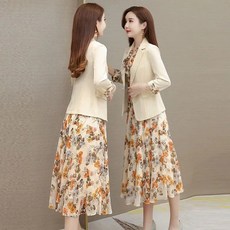 ORZQU 봄 정장 세트 여성 정장 플라워 원피스 슬림핏 투피스