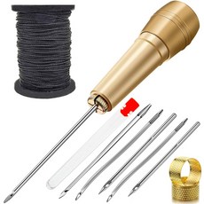 가죽 바느질 키트 DIY 송곳 바늘 구리 손잡이 신발 수리 도구 블랙/브라운/화이트 스레드, Black Thread Set, 1개