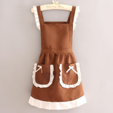工作圍裙 廚房圍腰 棉布耐磨工裝, 958背帶蝴蝶結公主裙純咖色