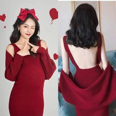 만삭 사진 촬영 니트 원피스 스웨터, 와인레드 여성 캐미솔+숄+리본 오픈백