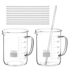 QWORK 2 팩 1000ml 붕규산 유리 비커 손잡이 포함 10개의 12인치 과학 교반봉 고온 및 화학적 저항성 매끄러운 끝 정밀한 저울 실험실 용도로 사용 가능