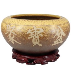 【168開運坊】鶯歌手拉坏合紅字聚寶盆 大-含五色石 五帝錢 元寶 招財符 實木座 淨化/開光, 棕色和米色, 1個