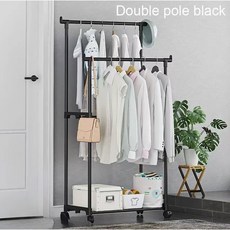 이동식 코트 랙 더블 옷 선반 간단한 막대 바닥 서 침실 텔레스코픽 옷걸이 보관, Black Double Rod 1
