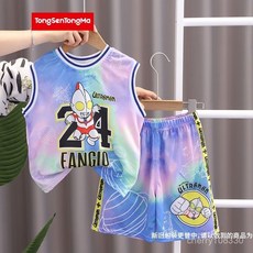 【臺灣-出貨】男童奧特曼籃球服背心套裝兒童夏季薄款速幹中小童運動無袖球服潮 QMKM, 1個, 24奧特曼數碼套裝夏-水墨,90