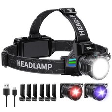 OMALIGHT Headlamp Rechargeable with White/Red/UV/Black Light Headlight 1080 High Lumens Super Brig