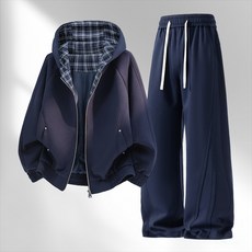 寬鬆連帽外套與長褲休閒套裝，春秋季兩件套