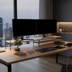 시스퍼닉 원목 철제 듀얼 모니터 받침대 모니터스탠드 선반 와이드 가로 1180mm, 블랙