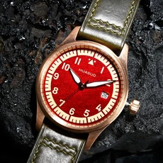 HUASUO 38MM 럭셔리 브론즈 래커웨어 파일럿 남성 스포츠 시계 사파이어 크리스탈 자동 식 무브먼트 10Bar
