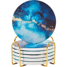 세라믹 흡수성 컵받침 6개 세트 홀더 포함 커피 테이블용 대리석 음료 컵받침 수분 흡수 스톤 컵받침 (임프레션), Sapphire