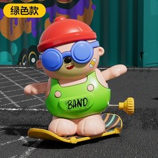 360度旋轉小熊玩具 特技滑闆車 新趣味發條玩具 旋轉滑闆玩具車 嘻哈熊玩具 滑雪嘻哈熊 電動音樂玩具 自動翻轉旋轉滑闆, 綠色嘻哈小熊, 1個