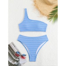 韓版性感比基尼 兩件式泳衣 單肩勺子麵料保守海邊比基尼女泳衣酒吧超僊爆款遊泳遮跳舞泳裝 溫泉泳裝 度假泳衣0621 F, 道奇藍,M