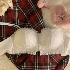 白色內衣女小胸聚攏顯大無鋼圈收副乳防下垂純欲蕾絲無肩帶文胸罩