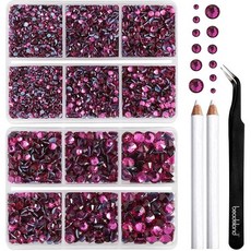 Beadsland(비즈랜드)핫픽스 라인석 옷 공예용 라인석 펜슬과 핀셋이 포함된 6가지 사이즈 혼합 키트, 6080개, 자홍색