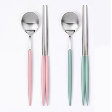 디온 보겐 몽블랑 에펠 국산 스텐 수저세트 실버, 2인(인디핑크 1개+다크그린 1개), 1세트, 몽블랑 수저세트 실버