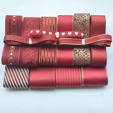 DIY手工飾品材料包：滌綸絲帶組合，新手適用，吧唧托徽章配件，頭飾材料, 酒紅金絲帶1份, 1個