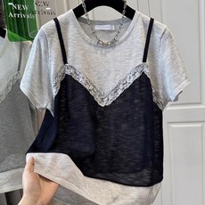 Choyur여성 봄여름 레이스 포인트 반팔 티셔츠 캐주얼 루즈핏 라운드넥wjj