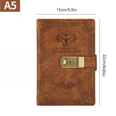 A5 200 페이지 잠금 일기가있는 레트로 암호 책 두꺼운 크리 에이 티브 핸드 레저 학생 메모장 편지지 노트 바인더, Brown