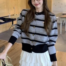 투니스 여성 스트라이프 강아지 자수 긴소매 니트 가디건