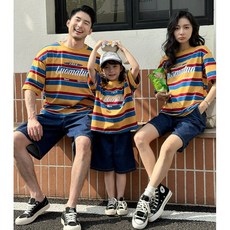 유아동 레트로팝 스트라이프 티셔츠 패밀리룩 키즈 남아 여아 여름 반팔 티셔츠 맘대디 커플 가족촬영