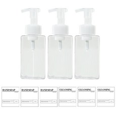 뉴앤룩 사각 핸드워시 거품용기 450ml 3개+라벨스티커 6장, 투명