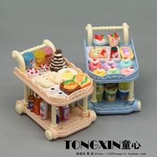 台灣熱賣 食玩小餐車手推車微縮廚房過家家迷你食物擺件娃娃屋模型兒童玩具, 藍色小餐車1只+隨機10個食玩, 1個