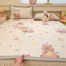 卡皮巴拉印花涼感藤涼蓆 床笠式設計, 卡皮巴拉配枕套,0.9*2M兩件套（單枕套）