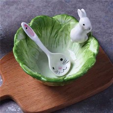 臺灣出貨 小兔子碗 可愛少女心 韓版ins風 甜品沙拉麥片碗 宿舍家用陶瓷, 綠色兔子碗加兔子勺, 1個