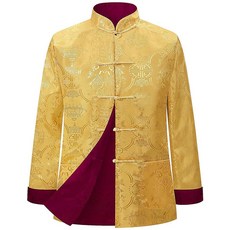 Funny World 중국 새해 셔츠 당나라 정장 남성용 Hanfu 전통 옷 양면 긴소매 탑 미디엄 레드 골드118618