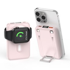 대용량 일체형 케이블 무선충전 잔량표시 고속충전 맥세이프 보조배터리 20000mAh, 핑크, 핑크