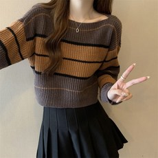 PETITBATH 여성 파스텔 컬러 스트라이프 크롭 골지 라운드넥 긴팔 니트 스웨터 데일리룩 250913 WH 5899