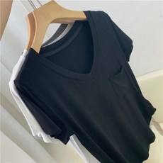 유니픽 여성 기본 V넥 반팔 티셔츠 캐주얼 포켓 디자인zdy