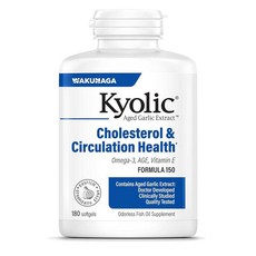Kyolic 숙성 마늘 추출물 포뮬러 150 콜레스테롤 및 순환 건강 오메가-3 180 소프트 젤 (포장은 다를 수 있음), 1개