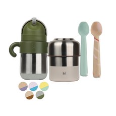 MEROWARE OUTDOOR LILY副食品燜燒罐組 含MATT兒童保溫水壺與GARY矽膠學習湯匙 外出用餐保溫保冷, 1個, 大象灰+抹茶綠,可可+奶油白, 大象灰+抹茶綠, 270ml