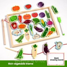 나무 자석 낚시 게임 세트 2 in 1 그림판 실꿰기 끈 교육용 퍼즐 장난감, Vegetable