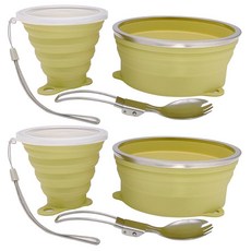 Cagelya 캠핑용 메스 키트 실리콘 접이식 그릇 접이식 컵과 스테인리스 스틸 스푼 배낭여행 야외 하이킹 여행 및 피크닉용 - 2팩, 더블 그린