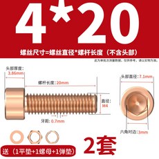 T2紫銅紅銅內六角螺絲螺栓導電傳電內六角螺絲 內含平彈母套裝, 1個, M4*20【2套】