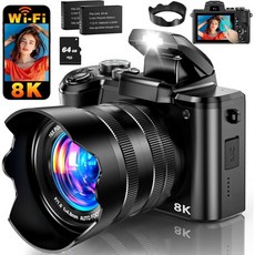 8K 디지털 카메라 3.2인치 터치스크린을 갖춘 사진 촬영용 8800만 화소 WiFi 카메라 16배 줌 오토포커스 프로페셔널 듀얼 카메라 흔들림 방지 배터리 2개 64GB 카드, Black