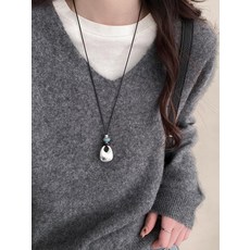 여성 롱 목걸이 은색 물방울 펜던트 스웨터 체인