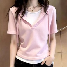 단품 / 1+1 여성 후드 가짜투피스 반팔티 슬림 크반팔 티셔츠 여름 데일리 캐주얼 TUM26040775 20 40