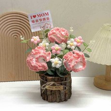 永生仿真線針織花束擺件 向日葵毛線花 編織花 情人節禮物, 粉色康乃馨盆栽成品 +禮袋+led燈, 1個