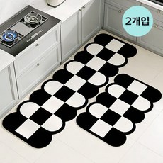 주방발매트 욕실 현관 러그 면 매트 발매트 신한 싱크대발매트 방수 충격완화 규조흙방수매트 2종세트, 흑백 체크 × 1세트