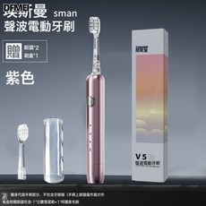 QRU 成人電動牙刷V5充電款智能提醒超長續航防水禮物情侶, 1個, 如圖, 極光紫(1機身+2刷頭+1收納倉)