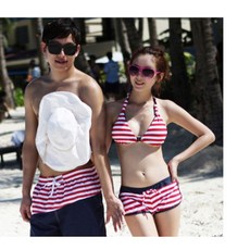 條紋繞頸後綁帶三件式泳衣, L