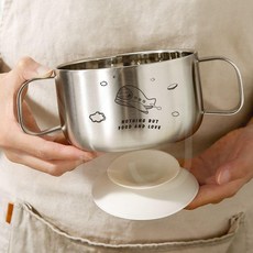 316不鏽鋼寶寶輔食碗 嬰兒雙層防摔防燙帶把手帶蓋兒童吃飯碗, 熊與兔450ml+不鏽鋼防塵蓋,原創精選圖案, 1個