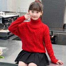 여아 하이넥 니트 가을 겨울 아동용 기모 스웨터, 레드